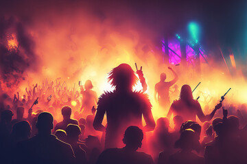 Fototapeta na wymiar Symbolic Background Concert Party Concept. Concept of partygoers. Happy and enthusiastic crowd in the club. Festival, party, joy, and blurry nightclub. EDM concert event on stage. Generative AI