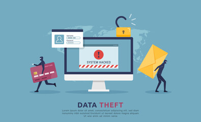 Cyber attack security and data theft activity concept, confidential or financial information stealing from computer with warning message alert, phishing activity on internet access