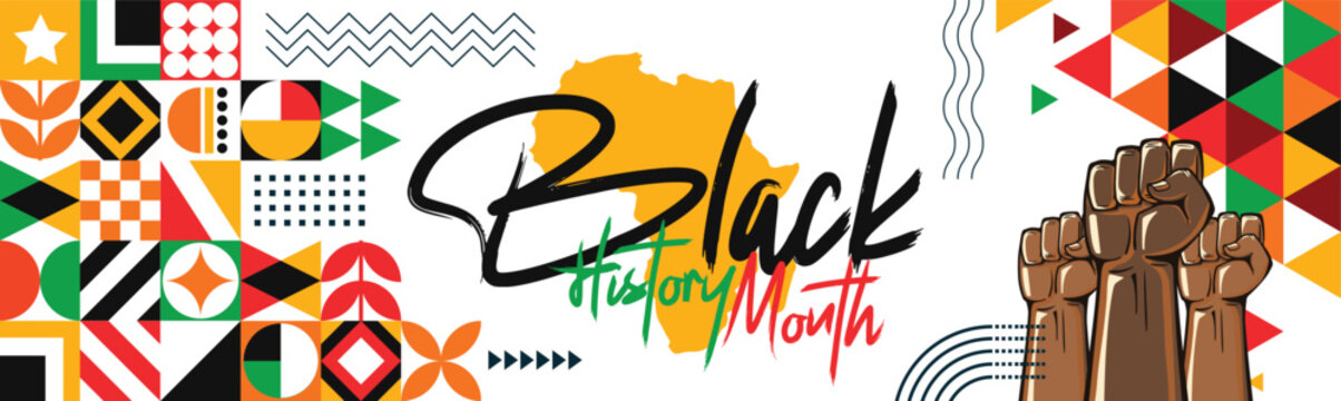 Black History Month Banner. African American History. February or October. Poster, card, background. Yellow Red Green abstract cultural traditional shapes Vector illustration. Raised fists or hands.