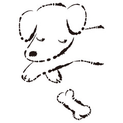 眠る犬とおもちゃの骨のイラスト