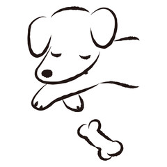 眠る犬とおもちゃの骨のイラスト