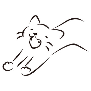 あくびをする猫のシンプルな線画イラスト（白黒）