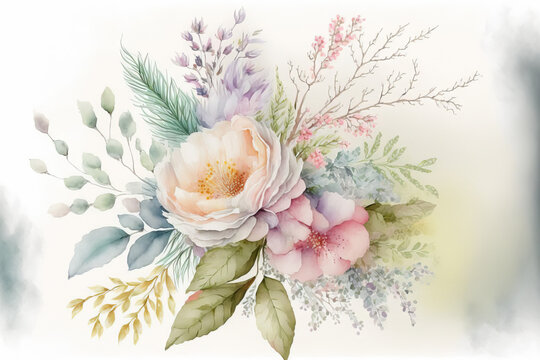 watercolor illustration of flowers. manually created. Valentine's Day, Mother's Day, a wedding, a birthday, and Easter. pastel hues. Spring. Summer. Generative AI