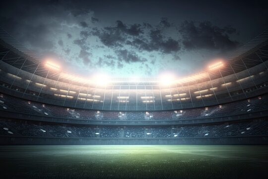 Football stadium lights. American football stadium. digital effect 3d render, Lights at night and stadium. Illustration. Generative AI