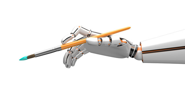3D Rendering of an AI Robot Hand with Paint Brush Isolated Over White Background