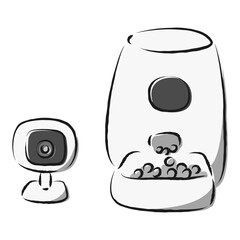 ペット用の自動給餌器と遠隔操作できる見守り用ペットカメラのイラストセット