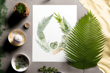 Fototapeta na wymiar mockup of a flatlay using fern and watercolor paper. Generative AI
