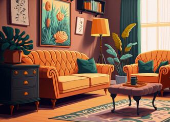 Stylish living room interior with comfortable sofa and ottoman. Generative AI