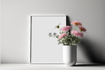 Mockup of a metal empty poster, print, photo, or artwork frame with a minimalistic design on a gray background. Generative AI