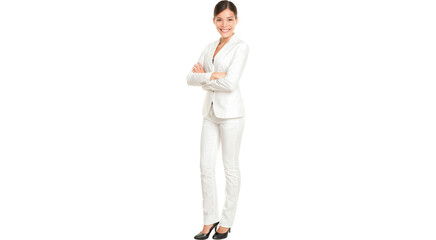 Asian business woman standing proud and confident in white suit isolated in transparent PNG in full body. Beautiful young mixed race Chinese Asian / Caucasian female businesswoman smiling happy. - obrazy, fototapety, plakaty