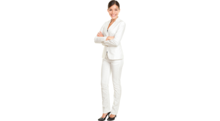 Asian business woman standing proud and confident in white suit isolated in transparent PNG in full body. Beautiful young mixed race Chinese Asian / Caucasian female businesswoman smiling happy.