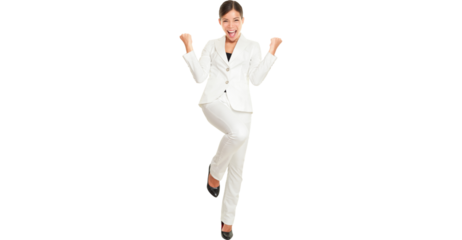 Business woman celebrating happy and cheerful in white suit in full body. Cheering winner gesturing in joyful dance over success. Young multiracial Chinese Asian and Caucasian businesswoman isolated i