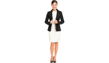 Ethnic Asian professional businesswoman standing confident in skirt suit isolated in transparent PNG. - 567910373