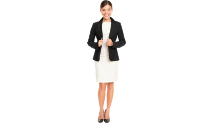 Ethnic Asian professional businesswoman standing confident in skirt suit isolated in transparent PNG.