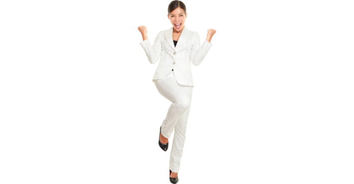 Business woman celebrating happy and cheerful in white suit in full body. Cheering winner gesturing in joyful dance over success. Young multiracial Chinese Asian and Caucasian businesswoman isolated i