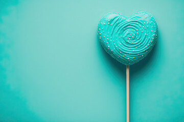 Valentine's Day lollipop in the shape of a heart with a turquoise copy space background. Generative AI