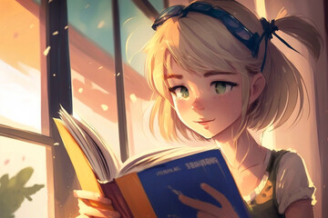 Illustration of happy girl reading a book. Japanese anime or manga style illustration of a teenager reading a novel next to a window. Drawing with lights and shadows. Pretty girl. Generative ai.