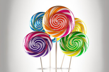 Fototapeta na wymiar Spiral lollipops in various colors on a white background. Generative AI