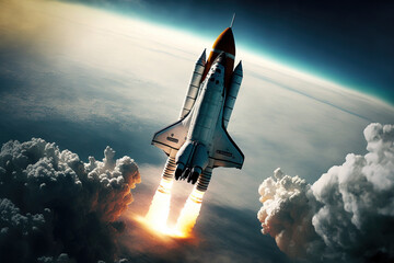 Over the Earth, in the open, a space shuttle launches. Sea and sky beneath a spaceship.