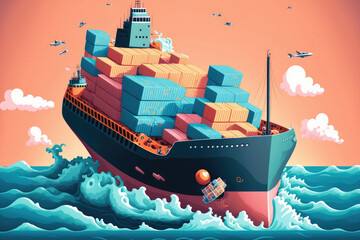 A sizable container ship at sea carrying a variety of container brands Full of containers and cargo, the ULCV container ship is sailing on open water. Generative AI