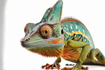 Obraz premium Chameleon. Lizard. Small scaly sauropsid reptile (Squamata) Animal that changes color. Bright, vivid color image. White background. Isolated. Generative AI.