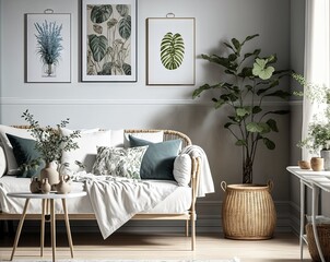 Interior of a Scandinavian home's living room, with a comfortable white sofa and a rattan rug. Elegant interior design. Generative AI