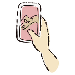 ペットの猫の様子（画像）が表示されたスマートフォンを持つ手