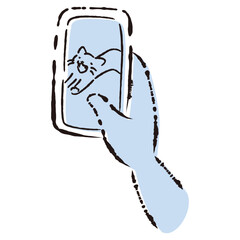 ペットの猫の様子（画像）が表示されたスマートフォンを持つ手