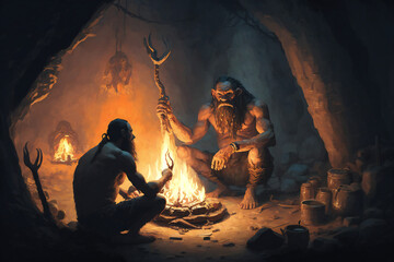 Cave men around the fire - Created with Generative AI technology. 