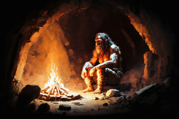 Caveman around the fire - Created with Generative AI technology.  - obrazy, fototapety, plakaty
