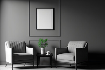 Two armchairs and coffee table in plain monochrome grey color. Monochrome with copy space. for picture frame backgrounds, minimal, seasonal work poster, banner. Single color interior. Generative AI