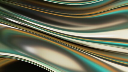 Green and gold mirrored metal surface Abstract, dramatic, modern, luxurious and exclusive 3D rendering graphic design element background material.