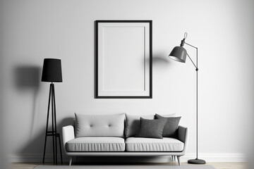Interior of room with cozy sofa, floor lamp, and blank picture frame. Generative AI