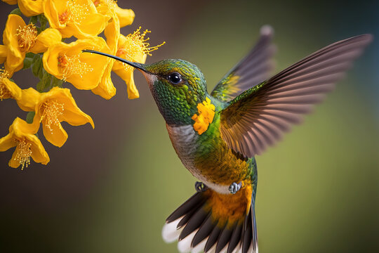 Hummingbird Tourmaline Sunangel in action in Ecuador, taking nectar from a lovely yellow flower. Generative AI