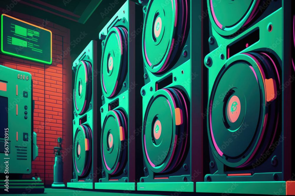 Poster the background of close up hard disks in a data center room is disk storage. generative ai
