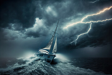 Yacht sailing in a storm with lightning and thunder. Generative AI - obrazy, fototapety, plakaty