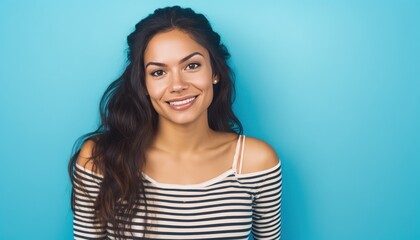 Smiling attractive hispanic young woman looking at the camera. Generative AI - obrazy, fototapety, plakaty