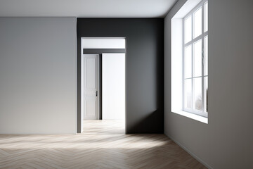 White walls and a light wooden floor may be seen inside a vacant room. Mock up of a concept for a refurbishment and a fresh start. Generative AI