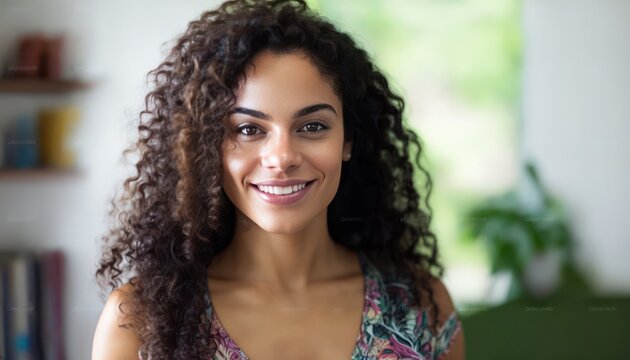 Smiling attractive hispanic young woman looking at the camera. Generative AI