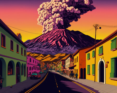 Italian town of Francavilla di Sicilia in the Alcantara Valley on February 2, 2021, during the eruption of Mount Etna. Explosion. Generative AI