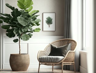 Interior mock up of living room with white wall, gray velvet armchair, and fiddle leaf tree in wicker basket. Generative AI
