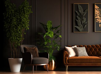 Interior of a luxurious modern living room with a dark brown wall, a contemporary sofa with an armchair, and plants,. Generative AI