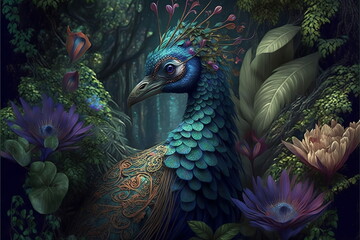 Obraz premium Bright-coloured peakcock in tropical rainforest with leaves flowers intricate detailed illustration wallpaper AI