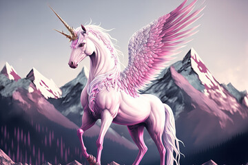 Pink unicorn standing with its wings up and mountains in the backdrop. Generative AI