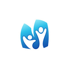 M logo and people care design combination, blue color, letter M