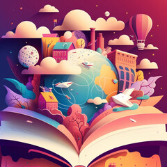 Flat design cartoon World Book Day illustration. Open book with stories coming out of the pages. AI generated