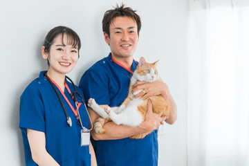 猫を抱く動物病院の男女の獣医師（アジア人）
