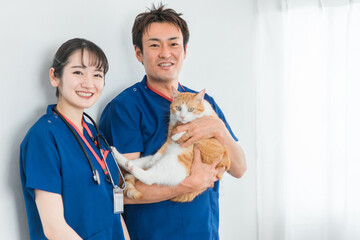 猫を抱く動物病院の男女の獣医師（アジア人）
