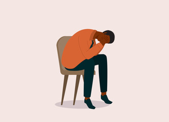 Stressful Black Businessman In Shirt And Tie Sitting On A Chair With Both Hands Covering His Face. Full Length. Flat Design Style, Character, Cartoon.