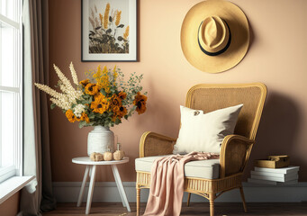Bright, cheerful, stylish house living room interior design with a cozy lounge chair made of rattan, a hat, a side table, and a bouquet of flowers. Scandinavian styled interiors. Generative AI